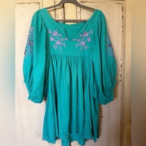 Embroidered Teal Peasant Blouse with Lavender Accents Fits small-medium